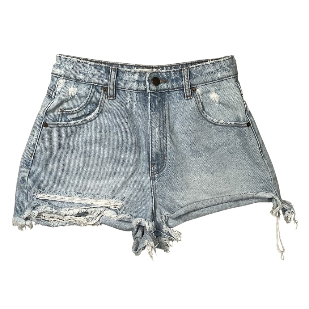 Rollas Women's Dusters High Rise Slim Denim Shorts Sz 27 Distressed Raw Hem Blue